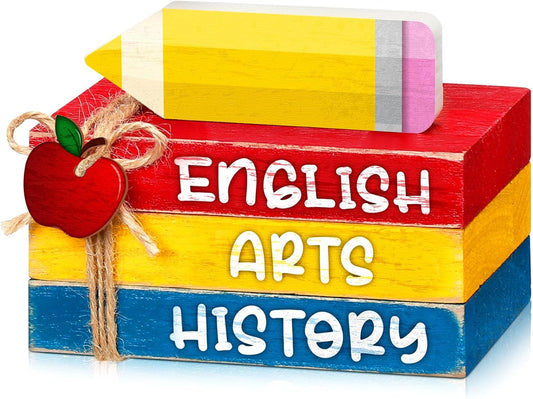 4 Pcs Back to School Table Decorations First Day of School Tiered Tray Decorations Decorative Mini Wooden Books Subject Signs for Office Shelf Classroom Tabletop Bookshelf(Pencil)