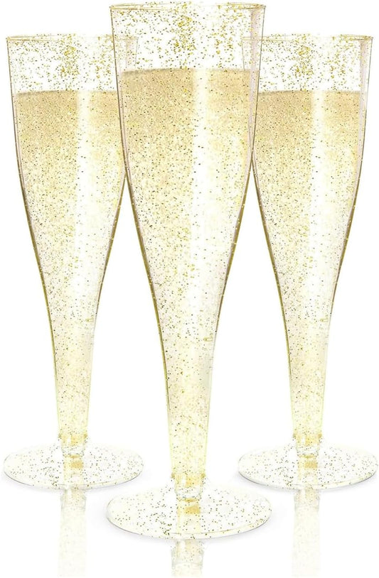 Prestee 48 Pack Champagne Flutes Plastic Disposable - Gold Glitter Flute Glasses for Champagne, Mimosa Bar, New Year's Eve 2025 Party Supplies, Wedding, Shower, Event - 4.5 oz Fairy Stemware