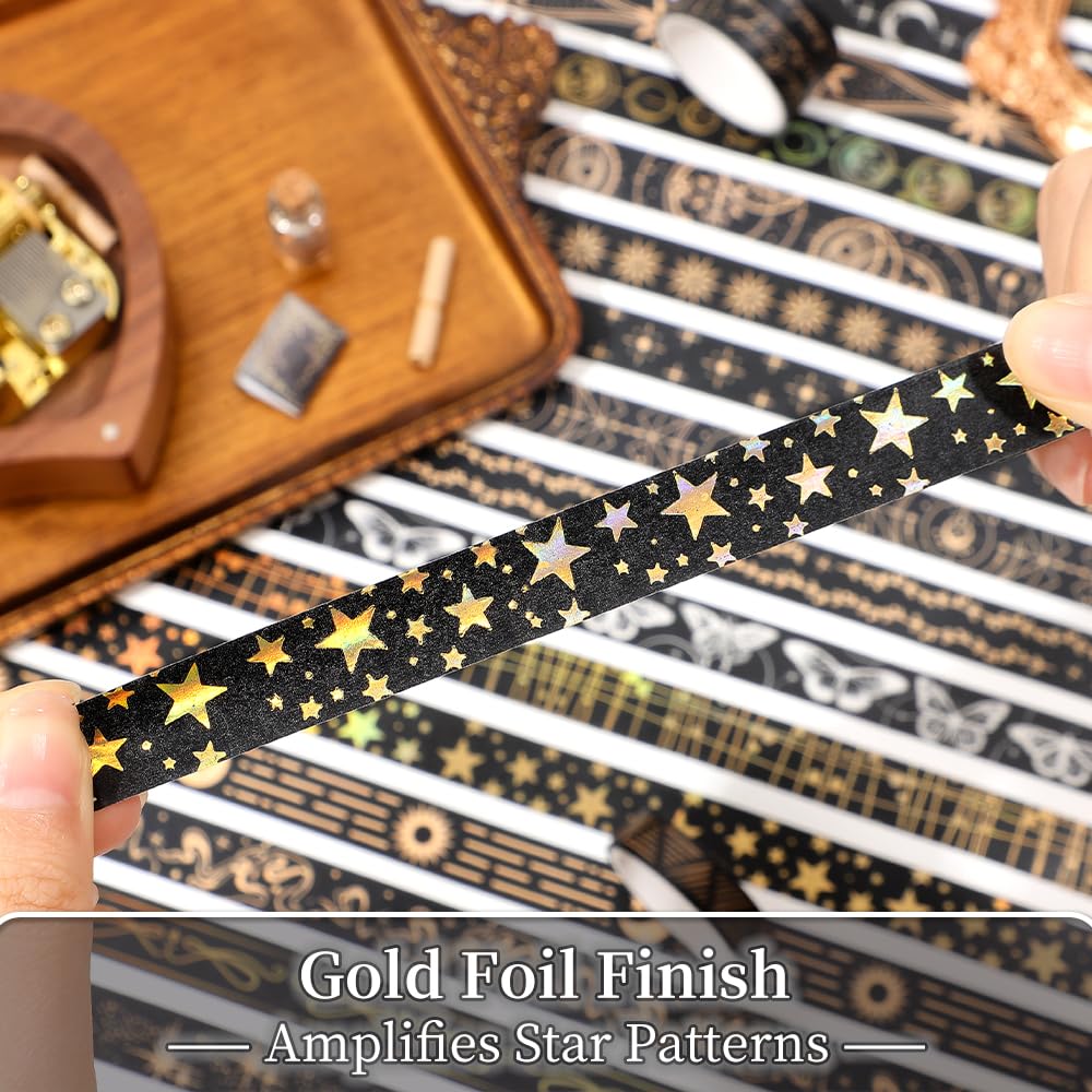 36 Rolls Glow-in-The-Dark Starry Washi Tape Set with Gold Foil Celestial Patterns - Writeable Decorative Tapes for Scrapbooking, Bible Journaling, Bullet Journals 0.6" x 79" per Roll