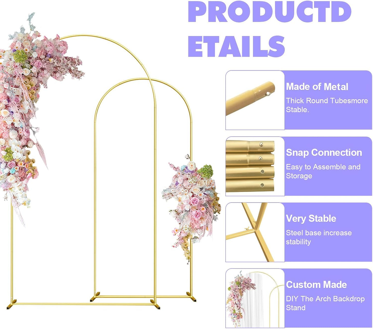 Wedding Arch Backdrop Stand Set of 2 (7.2FT, 6FT) Gold Wedding Balloon Arched Backdrop Stand Square Arch Frame for Birthday Party Bridal Baby Shower Ceremony Decoration