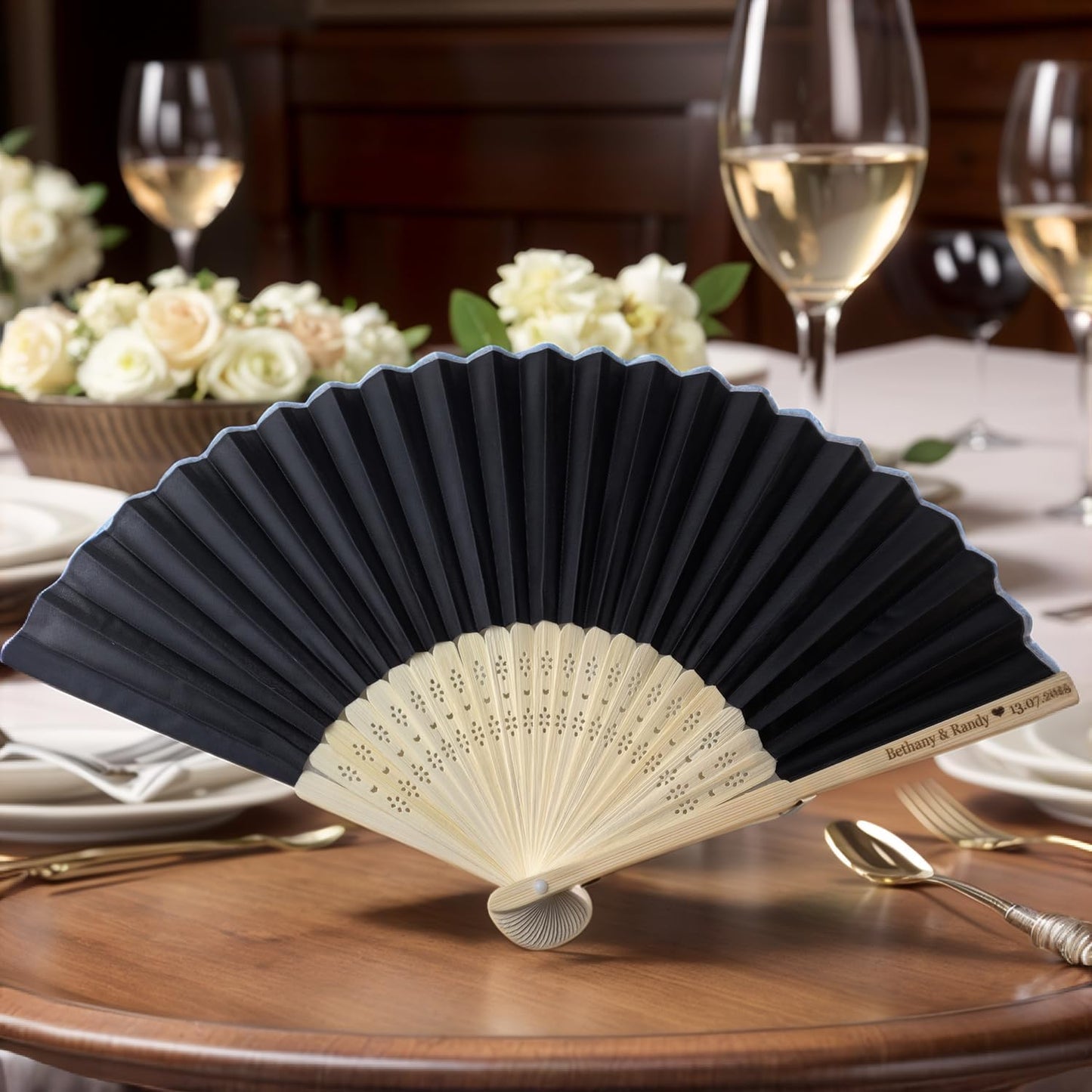 3Pcs Personalized Silk Fans Folding Hand Fan, Custom Wedding Bridal Party Favors, Summer Wedding Bride, Wedding Gift, Thank You Gift (Black)