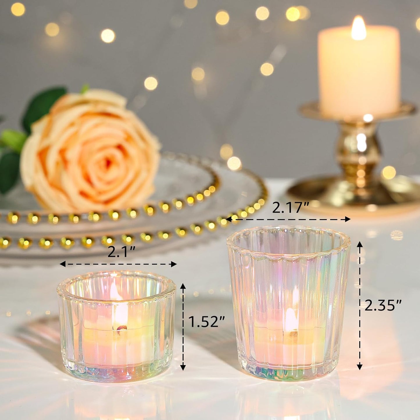 24 Pcs Ribbed Iridescent Votive Candle Holders - Glass TeaLight Candle Holders for Weddings, Baby Showers, Home Décor, Party Centerpieces, and Table Decorations