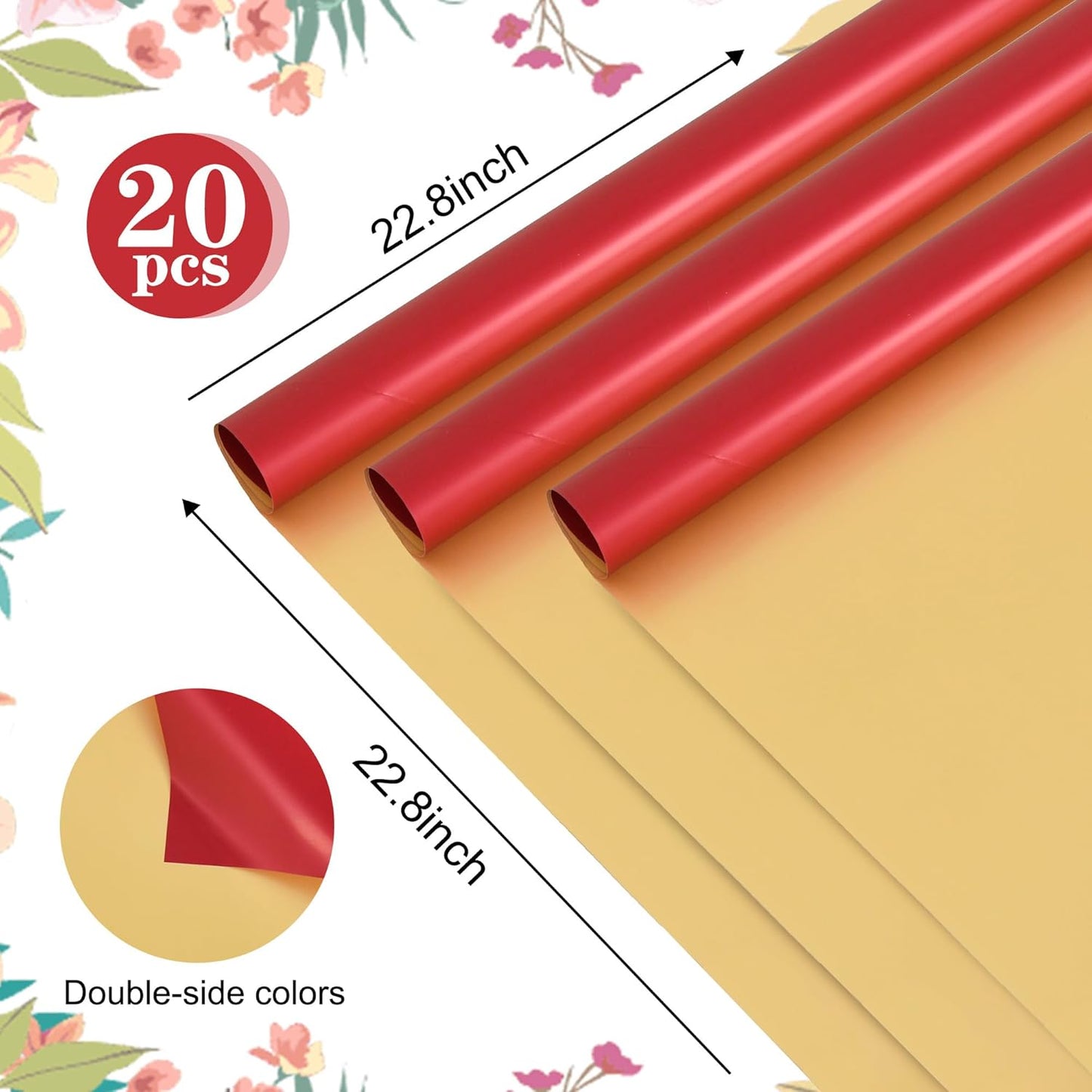 BEISHIDA 20 Sheets Red+Gold Double Sided Floral Wrapping Paper, 58 * 58 cm / 22.8 * 22.8 Inch, Perfect for Gift Wrapping, Floral Arrangement, Occasions: Valentine's Day, Wedding, Birthday, Christmas