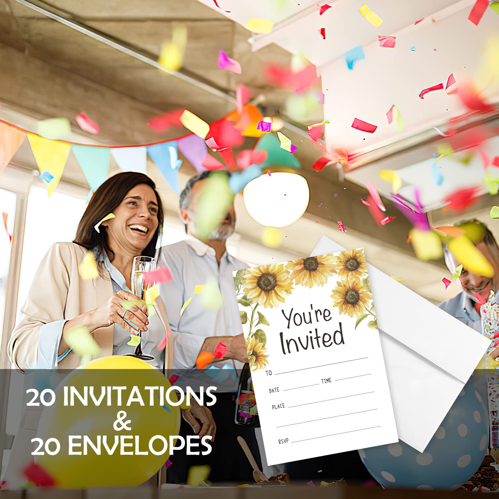 20 Sets You're Invited Sunflower Invitations With Envelopes,Sunflower Rustic Double-sided Printed