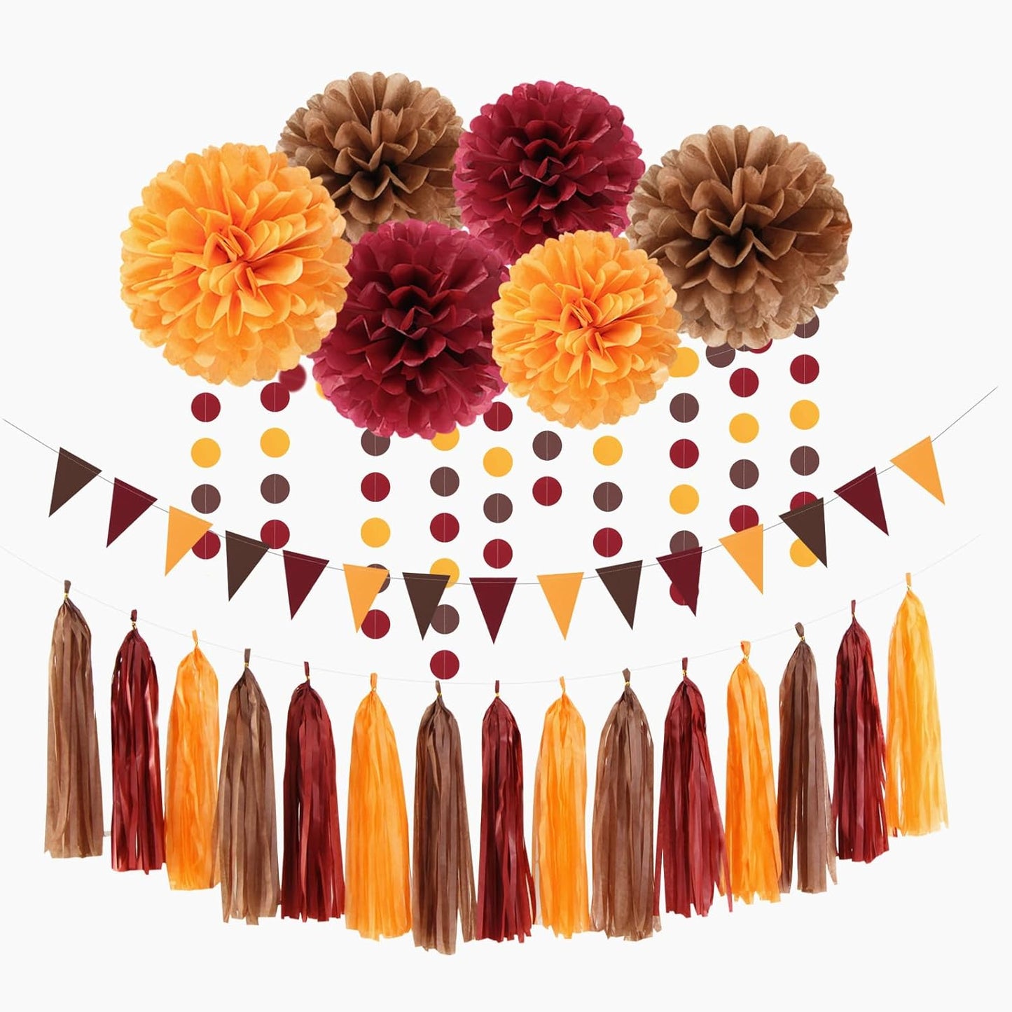 Brown Burgundy Orange Party-Decorations - 23pcs Fall Autumn Thanksgiving Harvest Paper Tissue Pom Poms Streamers,Rustic Boho Wedding Tassel Garland Banner,Birthday Baby Shower Decor Lasting Surprise
