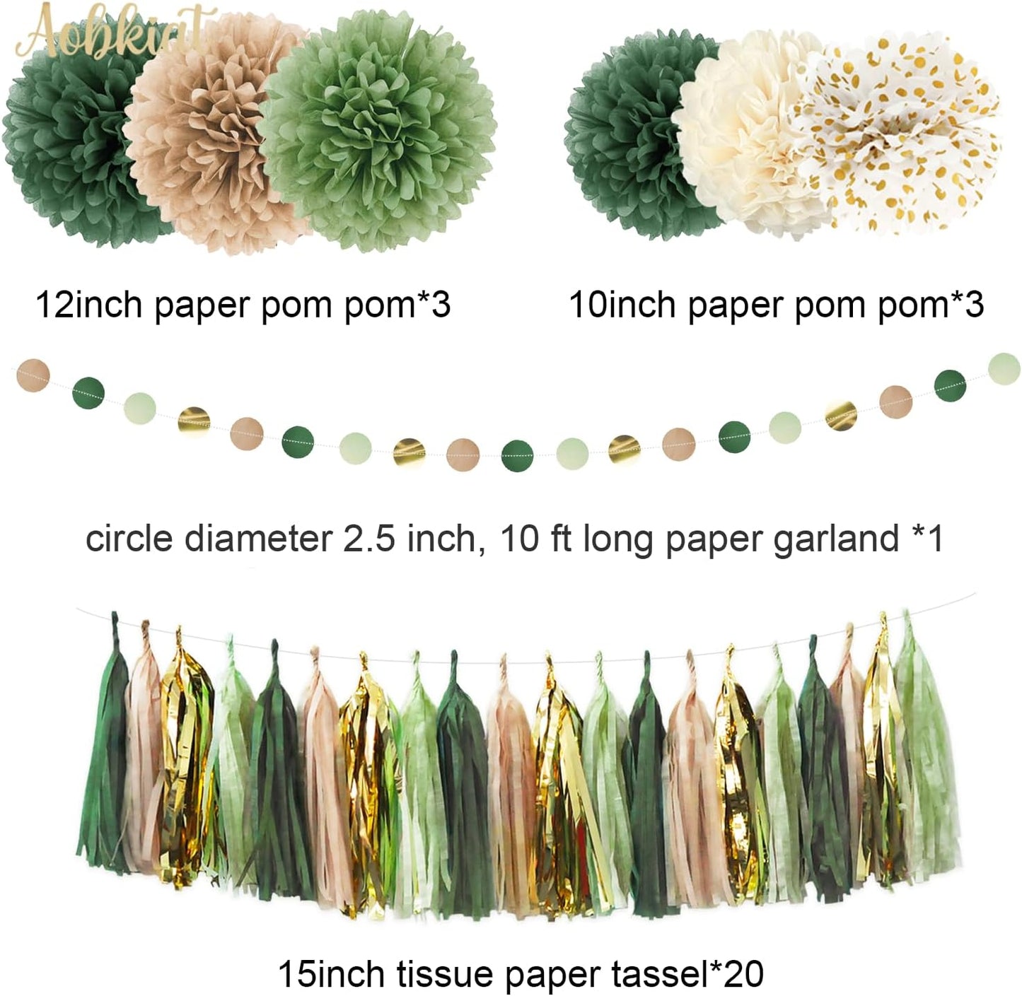 AOBKIAT Sage Green Wedding Party Decorations,28 PCS Tissue Paper Pom Poms,Circle Dots Garland Paper Tassels Hanging Backdrop for Girl Women Birthday,Bridal Baby Shower,Boho Wedding Party Supplies