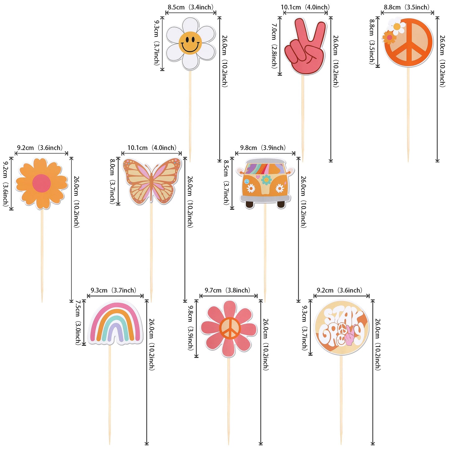 18 PCS Hippie Party Centerpiece Sticks Dasiy 60s Retro Boho Peace Sign Hand Butterfly Two Groovy