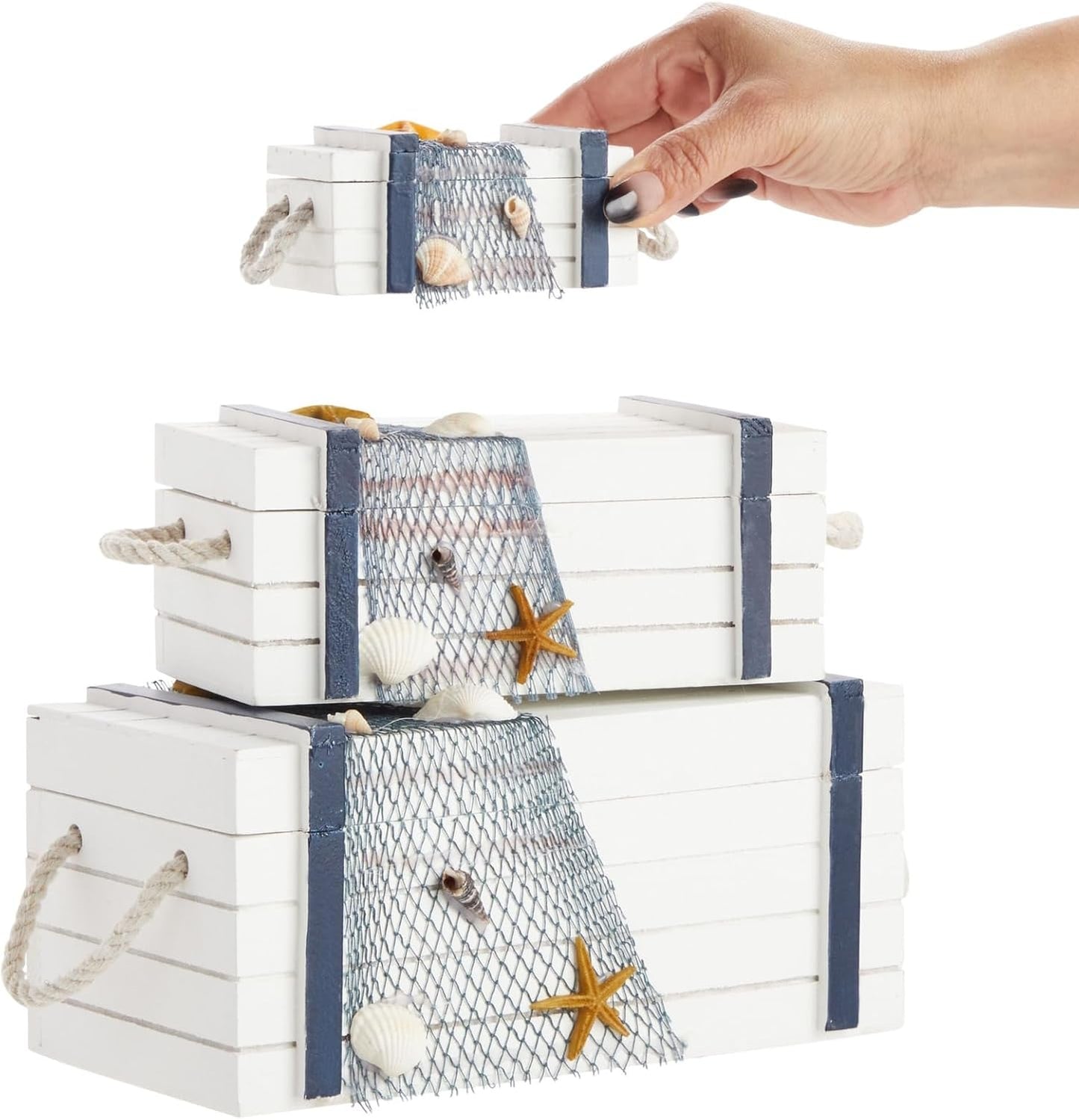 Juvale Nautical Wooden Jewelry Box Set - Jewelry Storage & Nautical Decor Boxes with Lids - Coastal Decor Table Centerpiece