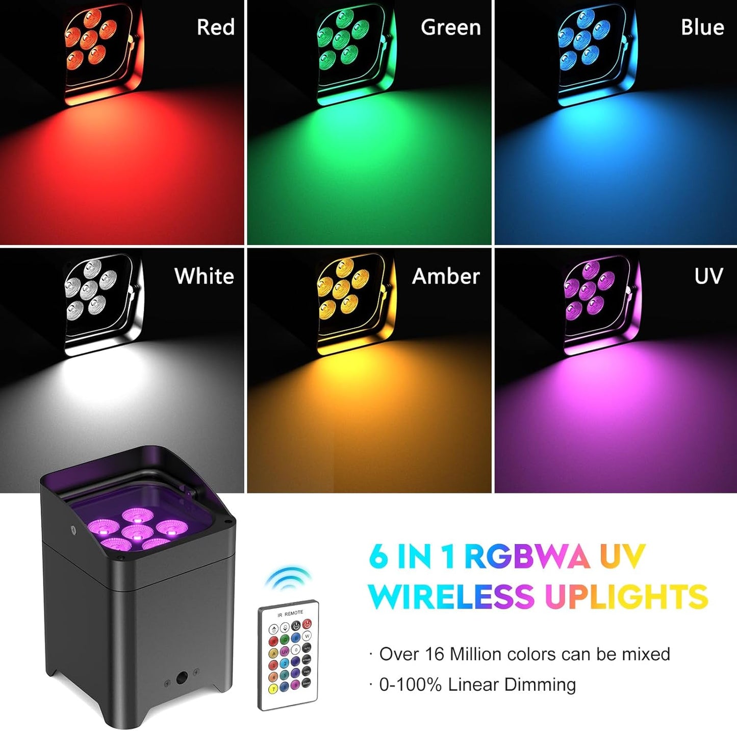9600mAh Wireless Uplights, 6x18W RGBWA UV Stage Lights, APP/DMX512 Controlled Par Lights, Rechargeable Battery Powered Uplights for Show, Party, Festival, Event, Black, 10 Pack