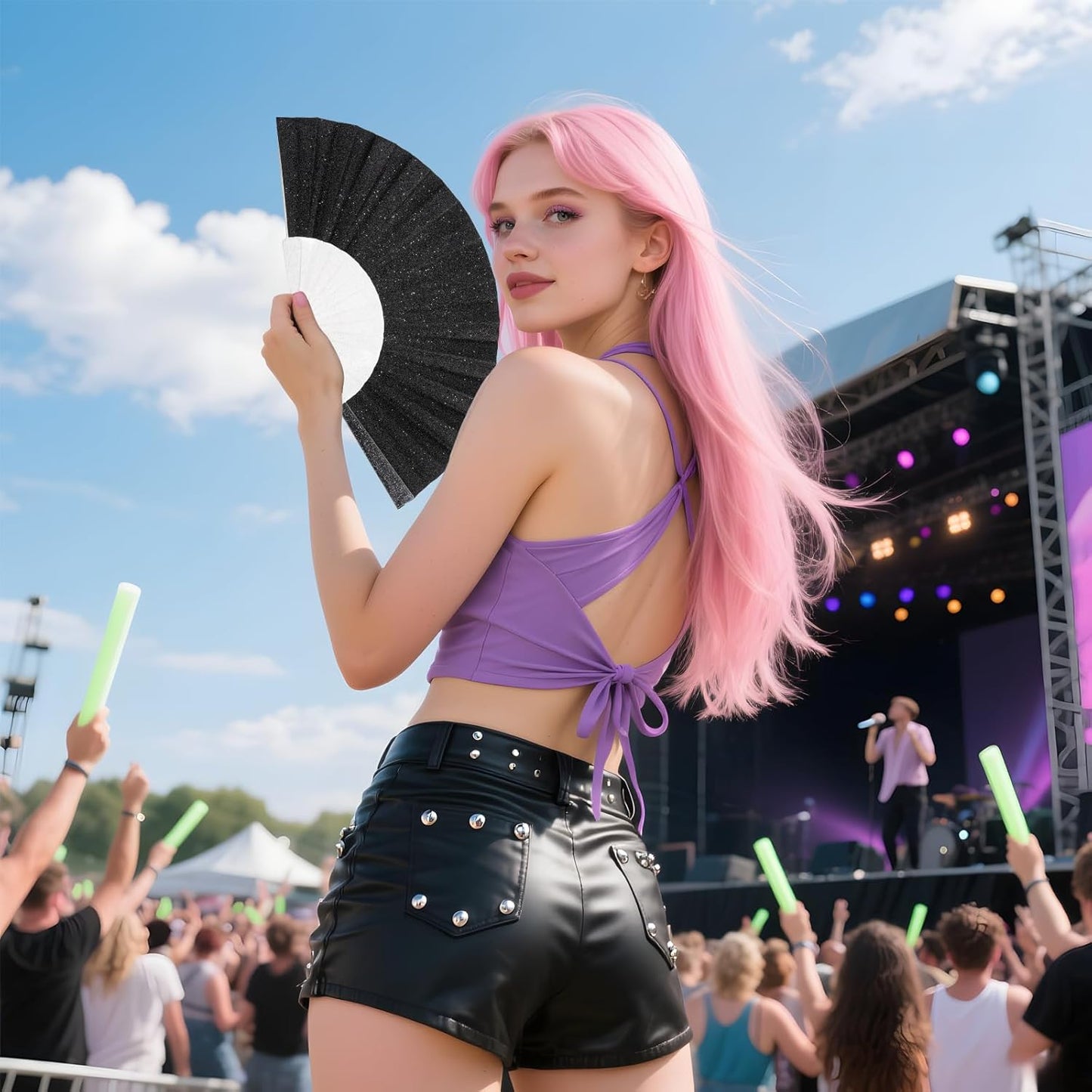 12 Pack Handheld Fan,Folding Hand Glitter fan with Shining Transparent Fan Rib – Ideal for Wedding, Church, Festival, Dance, Tea Party, Club, and EDM Accessories, Black