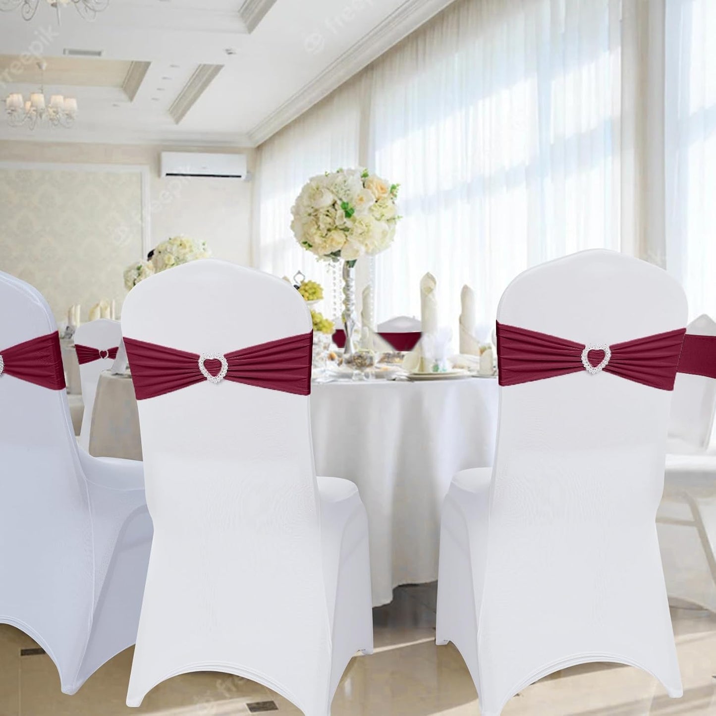 Howhic Pack of 120 Spandex Chair Sashes Bows Stretch Chair Cover Band with Buckle Slider Universal Elastic Chair Ties for Wedding Banquet Party Event Decoration (Burgundy)