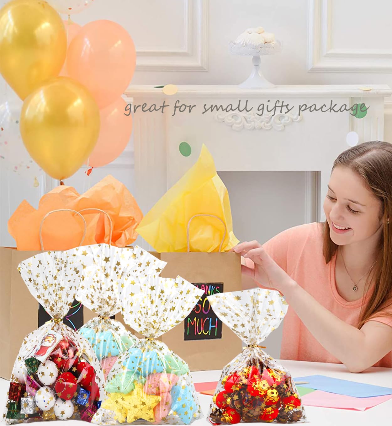 COQOFA 100 Pcs Star Printed 5"X 7" Gift Wrap Cello Cellophane Treat Bags Party Favor bags Clear