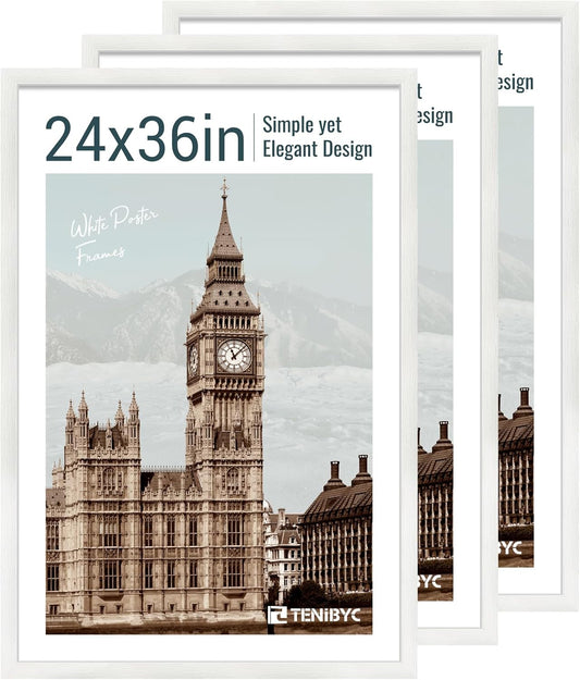 24x36 Poster Frame 3 Pack - White Woodgrain, Solid Wood Picture Frame, Wall Gallery Frame - Wall Hanging