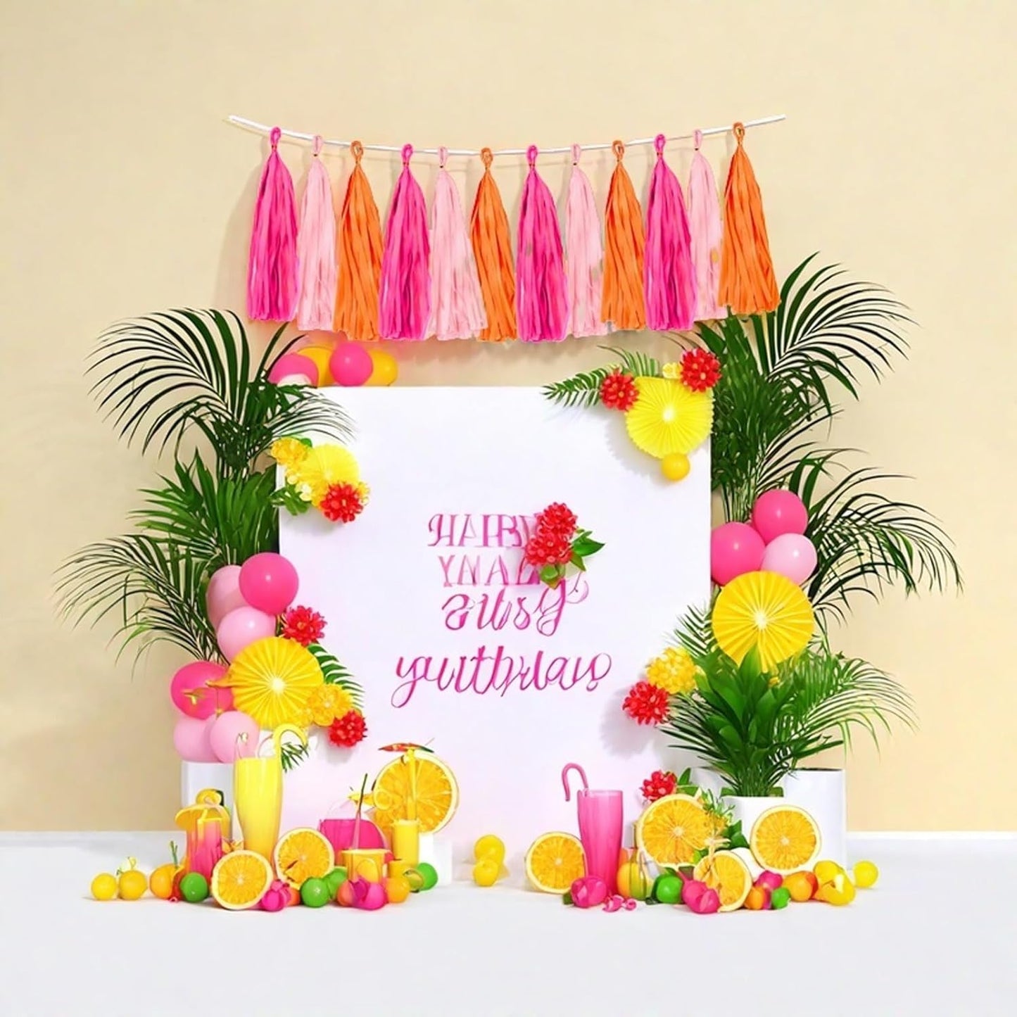 Rose red Pink and Orange Tassel Garland Banner Paper Tassels for Party Decorations,Pack of 15