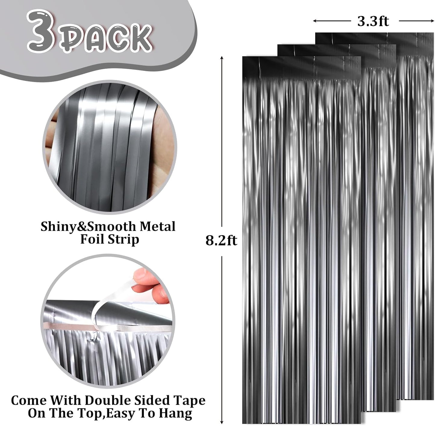 3 Pack 3.3 x 8.2 ft Matte Black Foil Fringe Backdrop Curtains,Gray Tinsel Streamers Party Decorations, Fringe Backdrop, Door Shimmer for New Years, Halloween, Black Theme Party