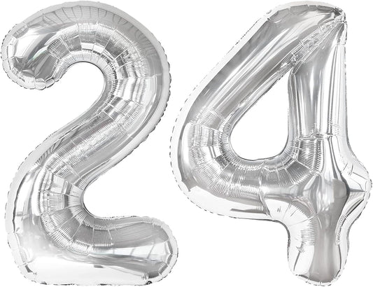 40 Inch Silver Large Number 24 Birthday Balloon, Giant Number 24 42 Balloons, Foil Mylar Big Balloons for Anniversary Graduation Supplies Decorations