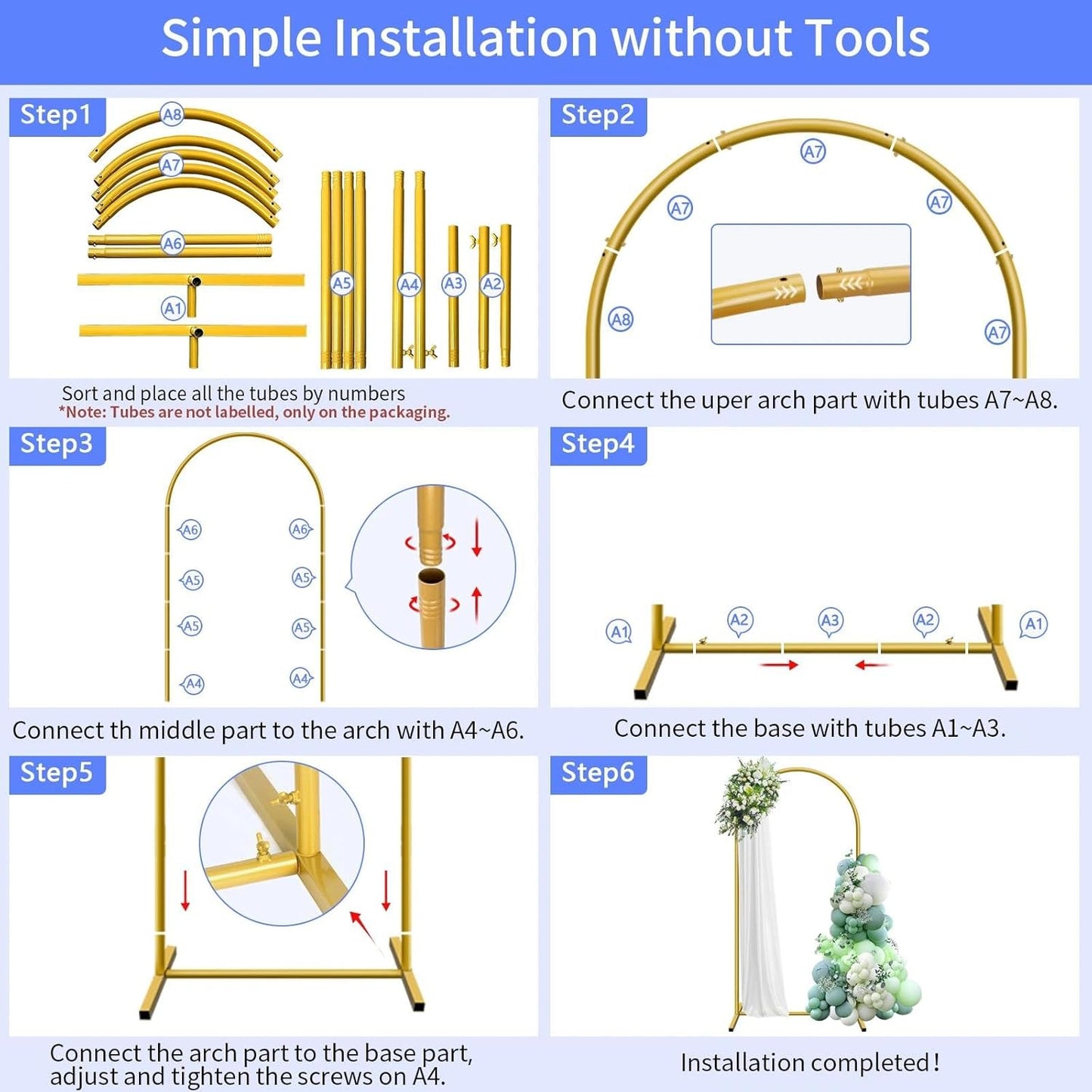 7.2 ft Arch Backdrop Stand, Metal Balloon Arch Stand, Stable Wedding Arched Frame with Square Base Ground Nails, Background Arches for Birthday Party Baby Shower Garland Decoration, Gold