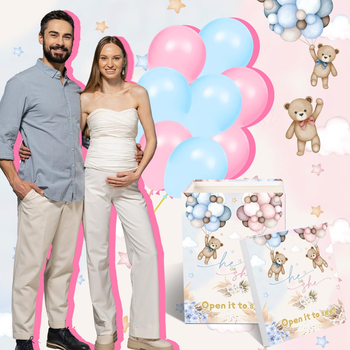 Hungdao Gender Reveal Balloon Box with Ribbon and 10 Pink and Blue Balloons Gender Reveal Games He
