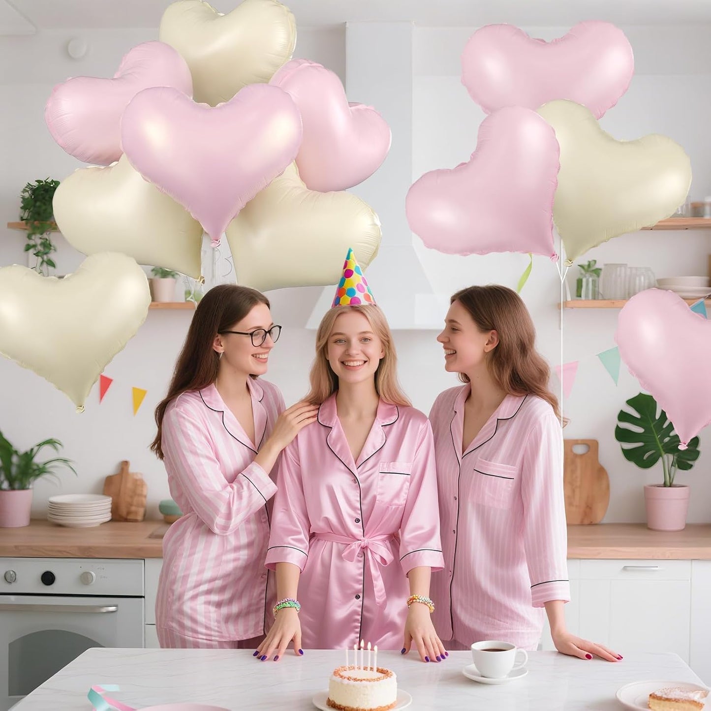 Pink White Heart Balloons,24Inch Large Cream White Heart Foil Balloons for Valentine's Day Birthday Wedding Baby Shower Anniversary Decorations