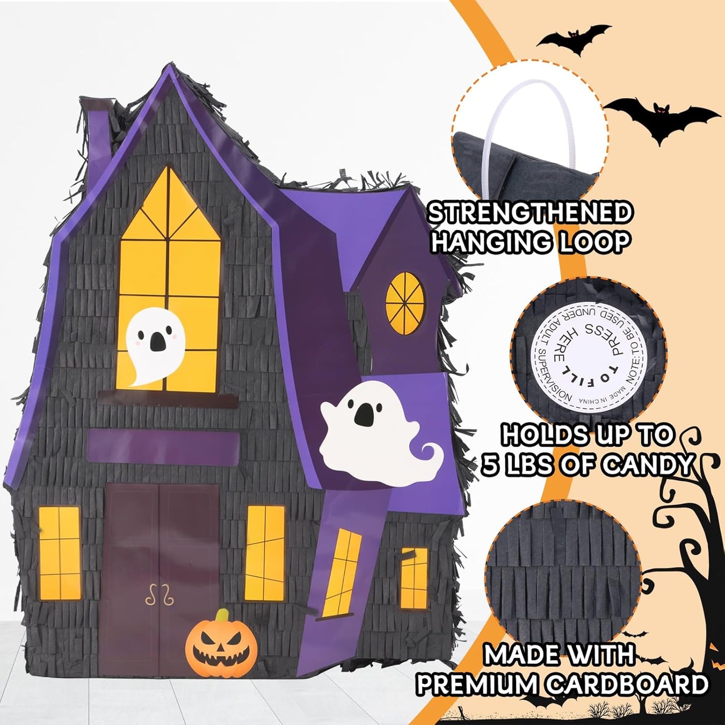 Halloween Haunted House Pinatas Bundle with a Blindfold and Bat (16x12.5x4 Inches), Ghost Castle Pinata, Party Games and Decoration