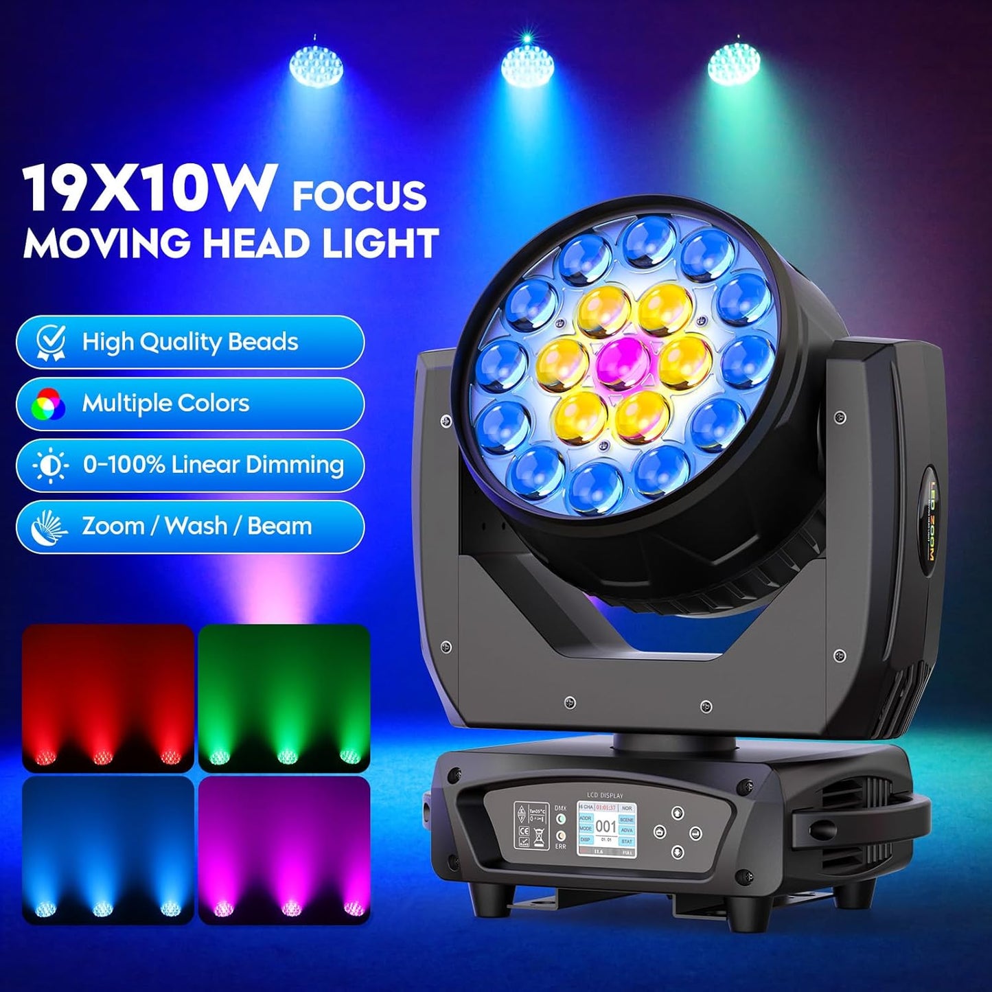 2PCS 19x10W Moving Head Light with Flight Case Focusing/Beam/Wash/Zoom Effect Stage DJ Lights 4-in-1 LED DMX512 & Sound Activated Control for DJ Disco Nightclub KTV Bar Theater Shopping Mall