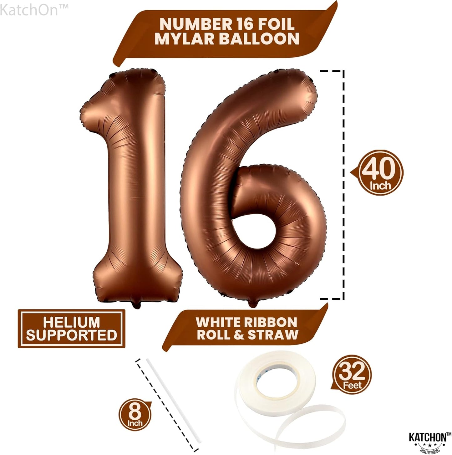 KatchOn Coffee Brown 1-Piece Number 16 Balloon - 40 Inch, Birthday Decorations for Girls and Boys