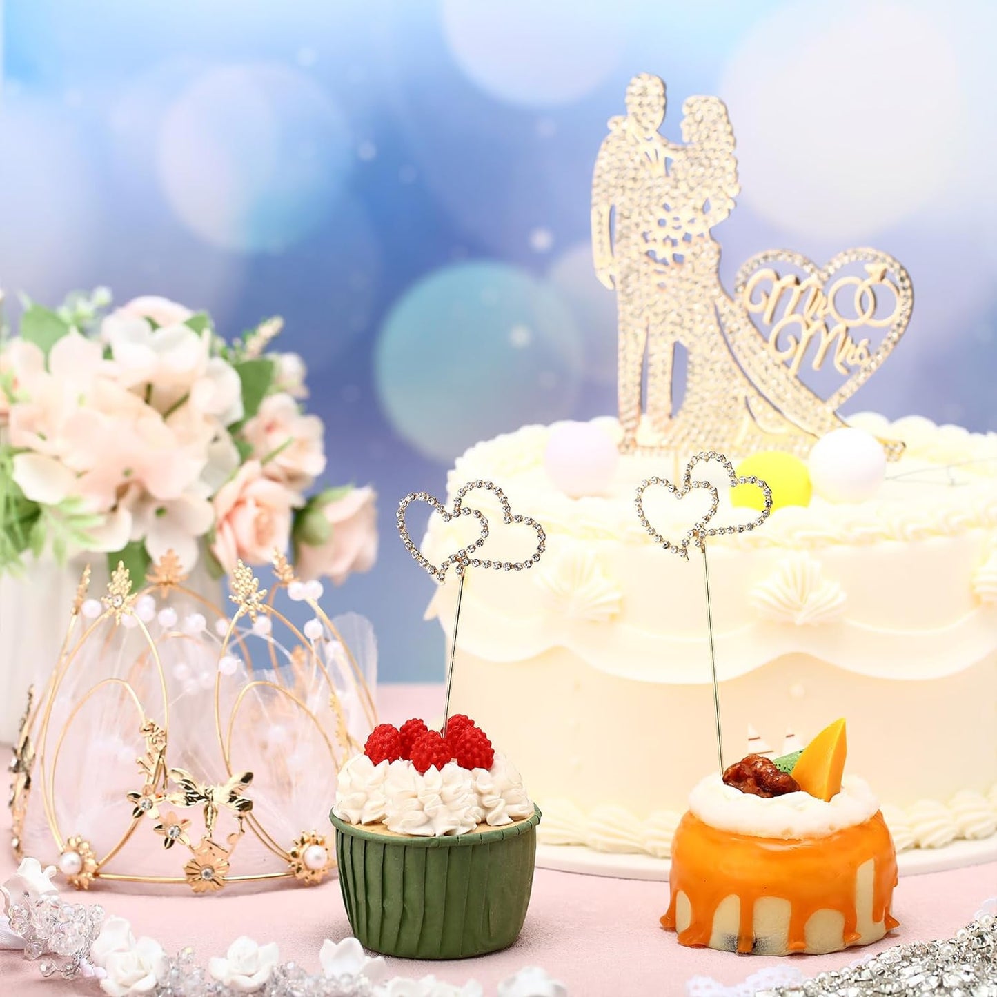 Spiareal 4 Pcs Wedding Cake Topper Mr and Mrs Rhinestone Bride and Groom Love Cake Topper Metal Crystal Heart Shaped Happy Engagement Anniversary Funny Diamond Party Decor for Bridal Shower(Gold)