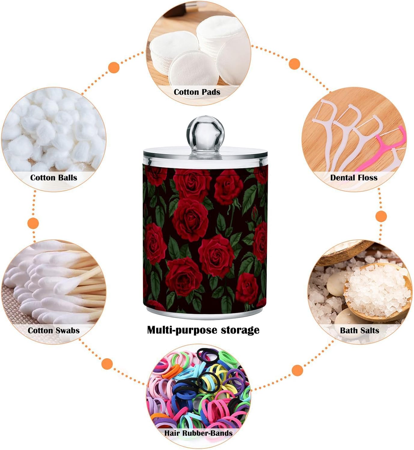 Gredecor Qtip Holder Dispenser 4 Pack Red Rose Flowers Leaves Apothecary Jars with Lids Bathroom Vanity Countertop Canister Storage Organizer for Cotton Ball,Swabs,Pads,Floss