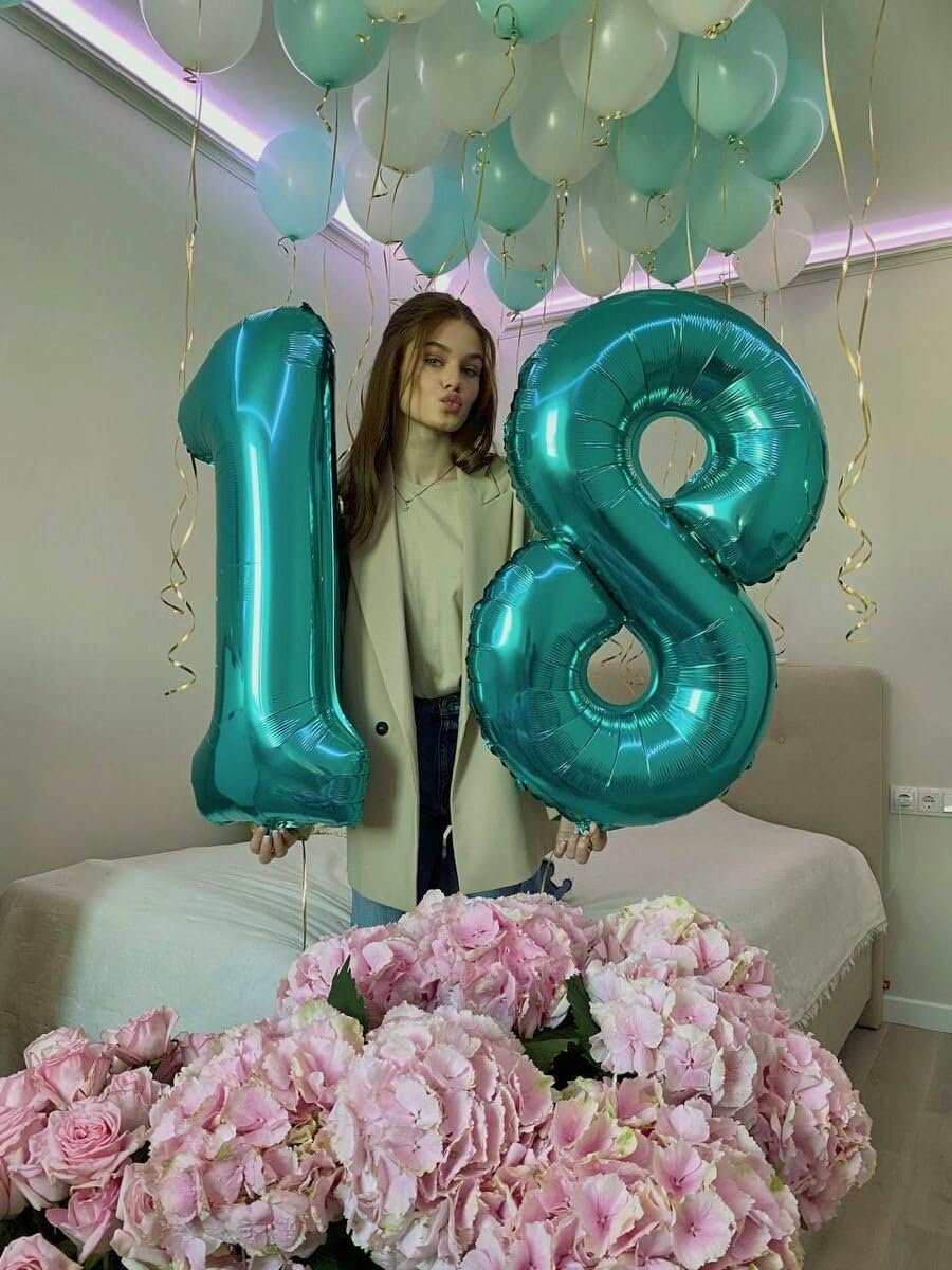 Teal Blue Foil Number 8 Balloon 40 Inch, Helium Mylar Eight Number 8 18 28 38 48 58 80 88 Birthday Balloons, 8th Teal Blue Women Men Wedding Anniversary, Graduations Party Supplies