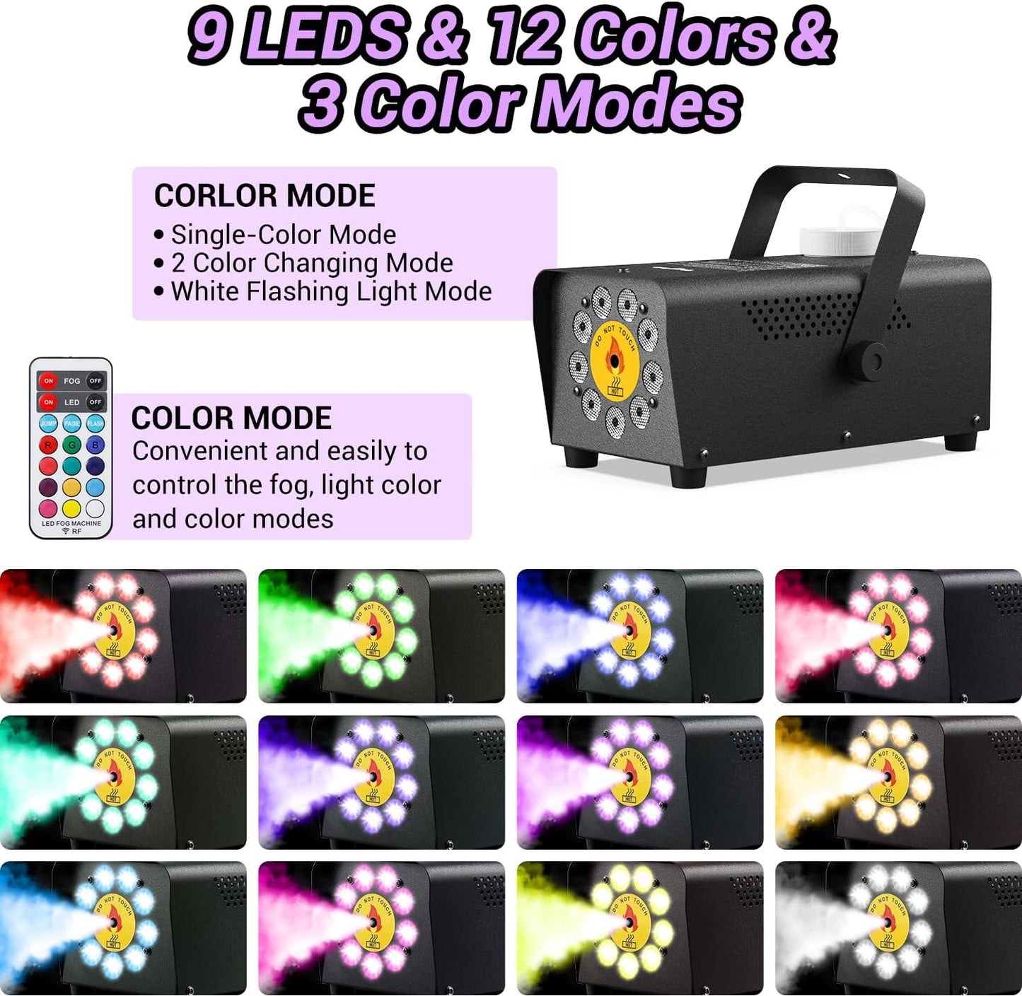 Smoke Machine, Theefun Fog Machine 450w 2500CFM with 9 LED 12 Color Lights Portable 500ml Tank No Liquid Included Stage Smoke Machine Fog Indoor with Wireless Remote Control for Wedding DJ Party