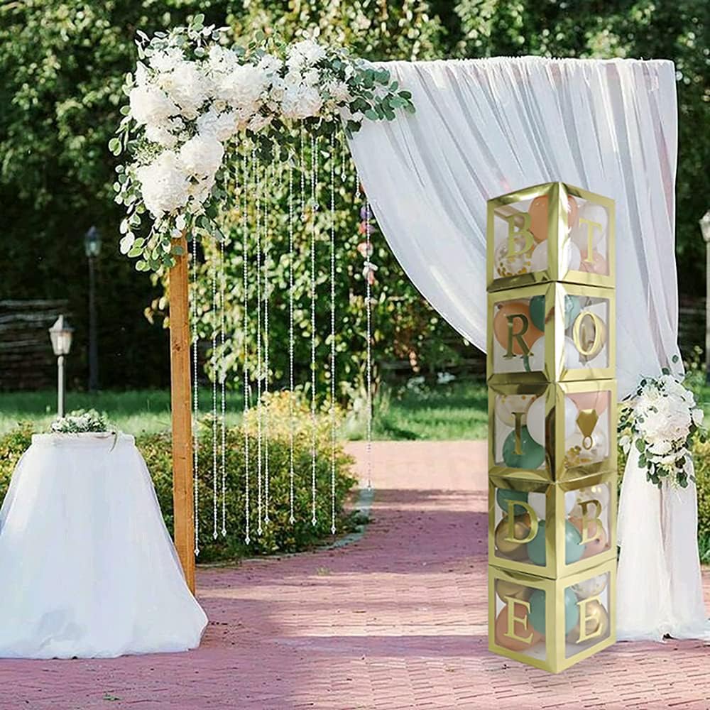 96 PC Bridal Shower Decorations Balloon Boxes Gold- Transparent Block with BRIDE TO BE + GROOM + A - Z Letters and 40 Balloons- Engagement Bachelorette Parties Weddings Centerpieces Photo Booth Props