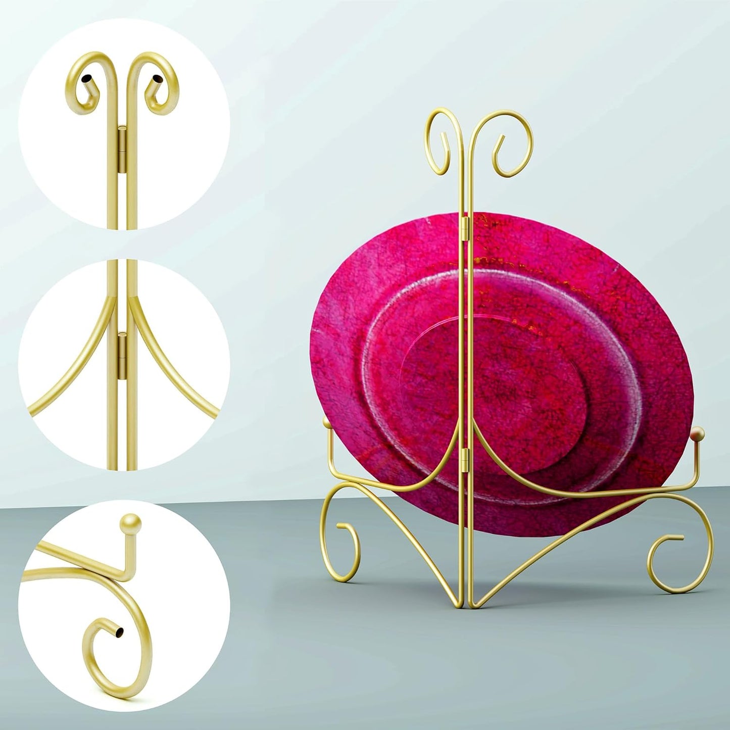 Plate Display Stands with Hinged Folding Design, 8 Inch Picture Frame Stand for Tables, Decorative Easels for Plates, Photos, Cards and Books, 8?™â€?Gold