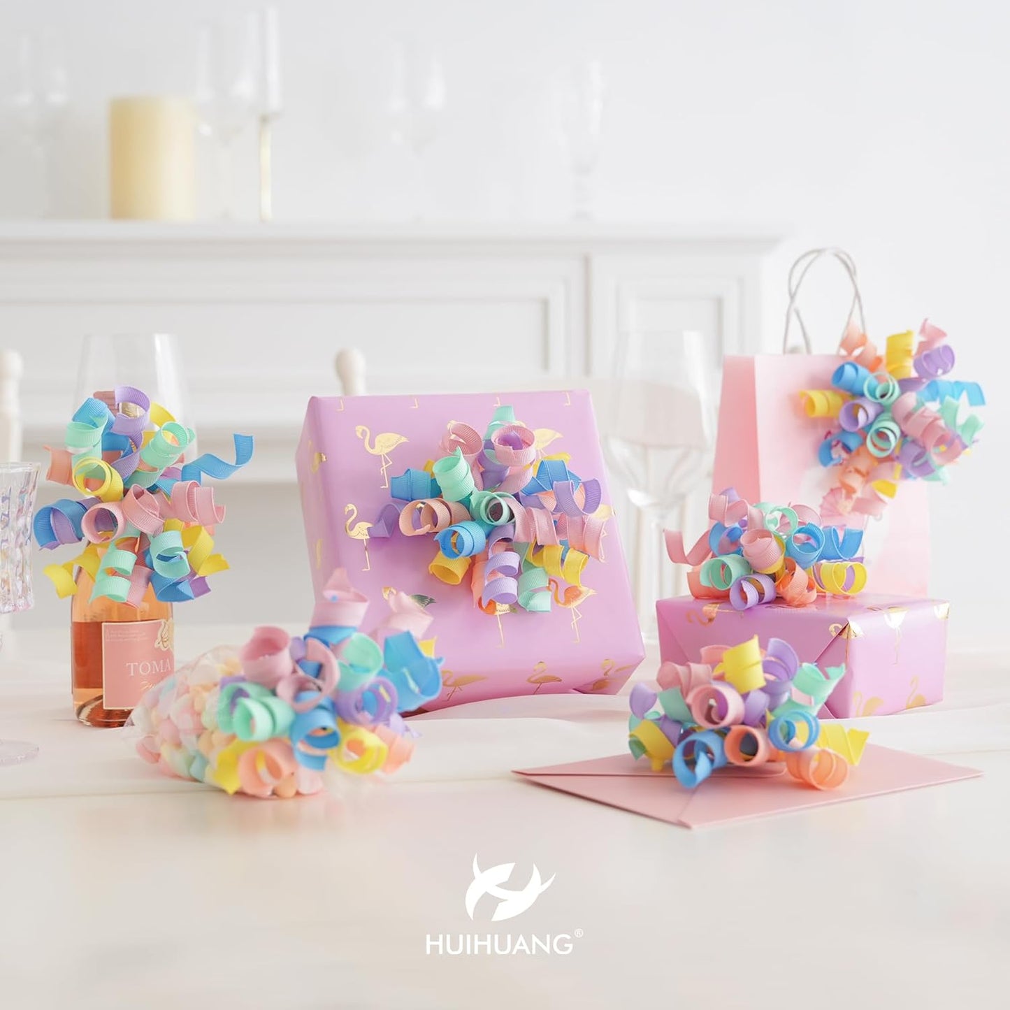 HUIHUANG Pastel Curly Ribbon Bows Pastel Bows for Gift Wrapping, Self Adhesive Burst Gift Bow for Presents, Birthday, Holiday Party Favors, Wine Bottle, Treat Bags- 6 Counts