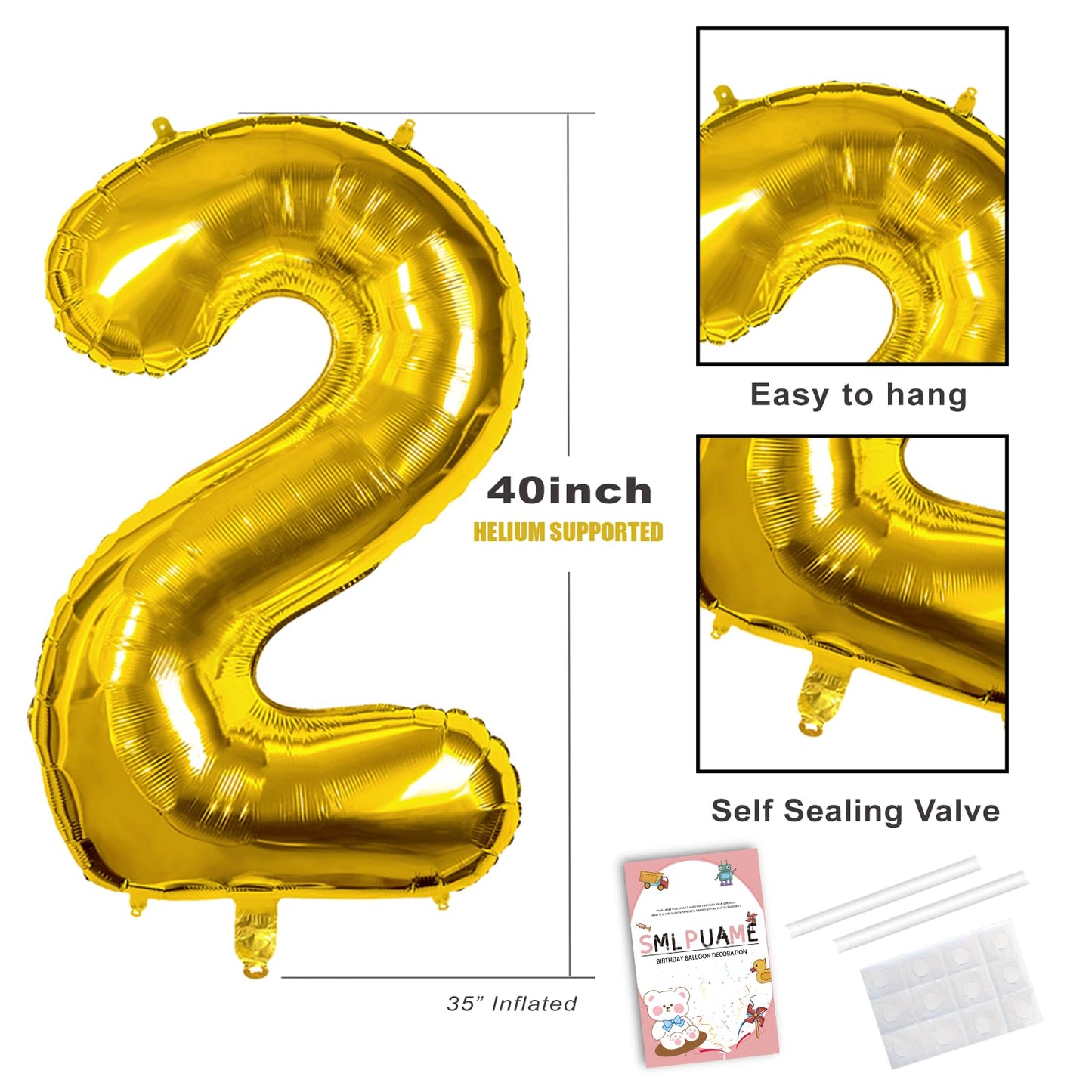 Smlpuame 40 Inch Gold Number 2 Balloon, 2nd Birthday Decoration Boys Girls