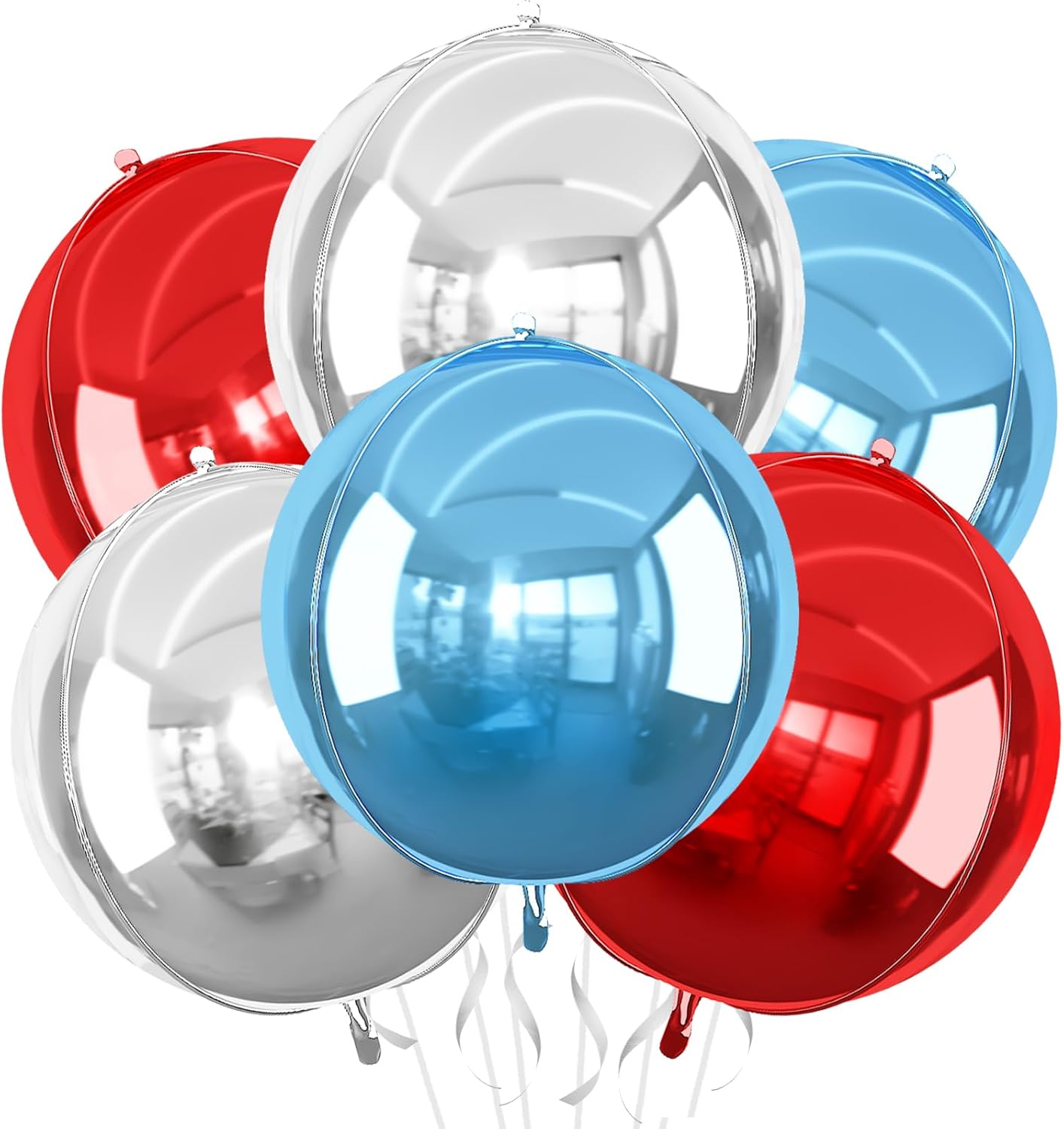 6Pcs Red Blue Silver Round Foil Balloons, 22inch 4D Metallic Balloons, Large Round Foil Ball Balloon for Birthday Graduation 4th of July, Independence Day USA Patriotic Party Decoration