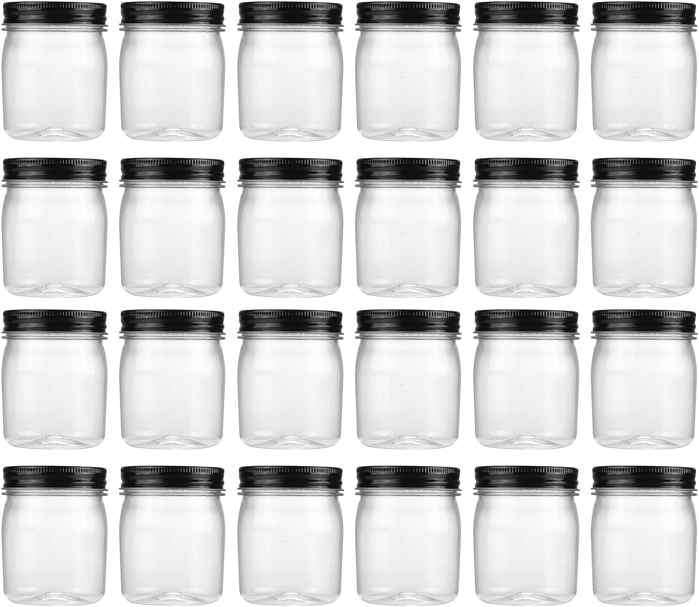 novelinks 8 oz Clear Plastic Jars with Screw-On Lids - BPA-Free Refillable Storage Containers for Slime, Spices, Crafts, Kitchen & Home Organization (24 Pack,Black)