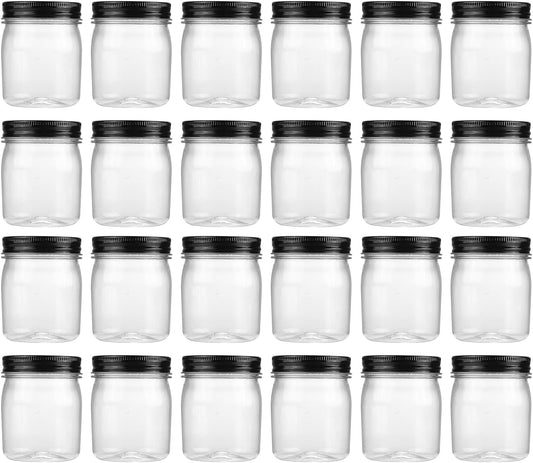 novelinks 8 oz Clear Plastic Jars with Screw-On Lids - BPA-Free Refillable Storage Containers for Slime, Spices, Crafts, Kitchen & Home Organization (24 Pack,Black)