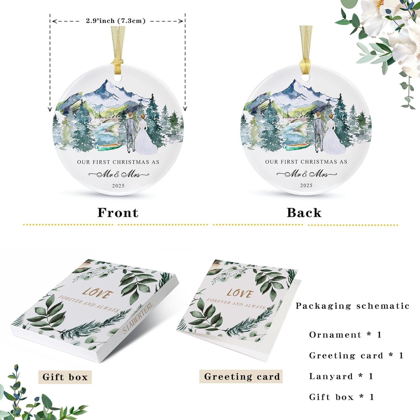 Our First Christmas Ornament Gift 2025,Just Married Ceramic Ornaments as Mr and Mrs,First Year Christmas Hanging for Couples,Newlywed Xmas Wedding Decoration with Gift Box and Card (2.9")