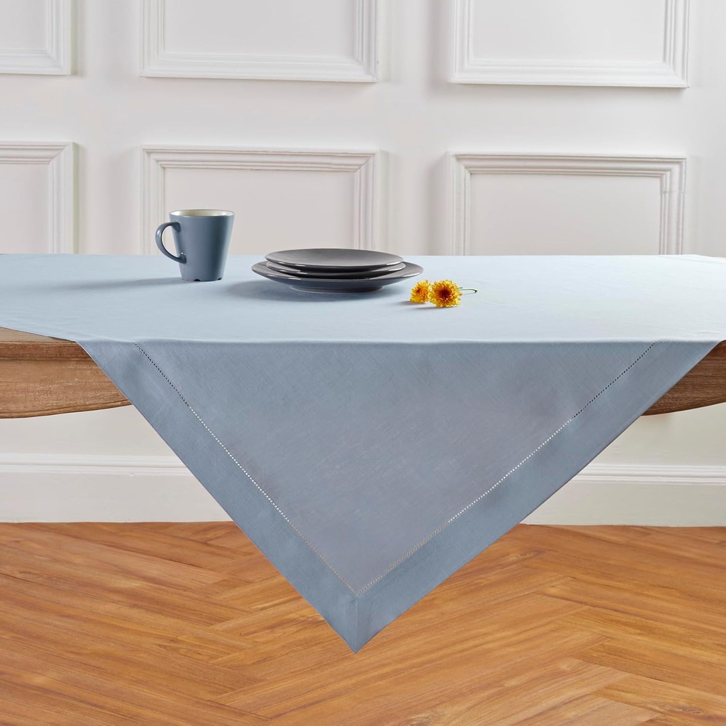 Solino Home Linen Tablecloth 52 x 52 Inch - 100% Pure Linen Dusty Blue Square Tablecloth - Classic Hemstitch, Machine Washable Table Throw for Fall, Autumn, Thanksgiving