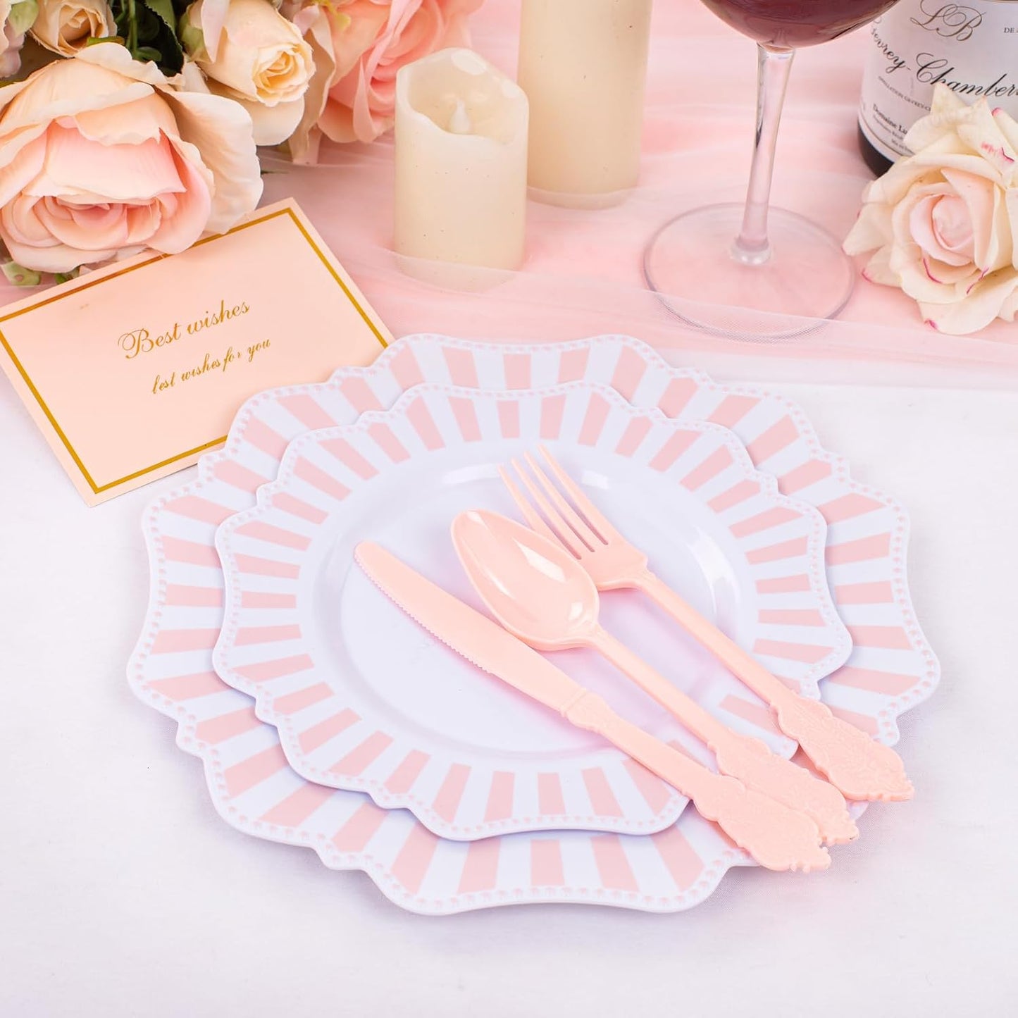COLOSUS 150pcs Disposable Pink and White Stripped Plastic Plates and Silverware set, Light Pink Dinner/Dessert Plates silverware serve 30guests for Easter day, Wedding Party and Daily use.