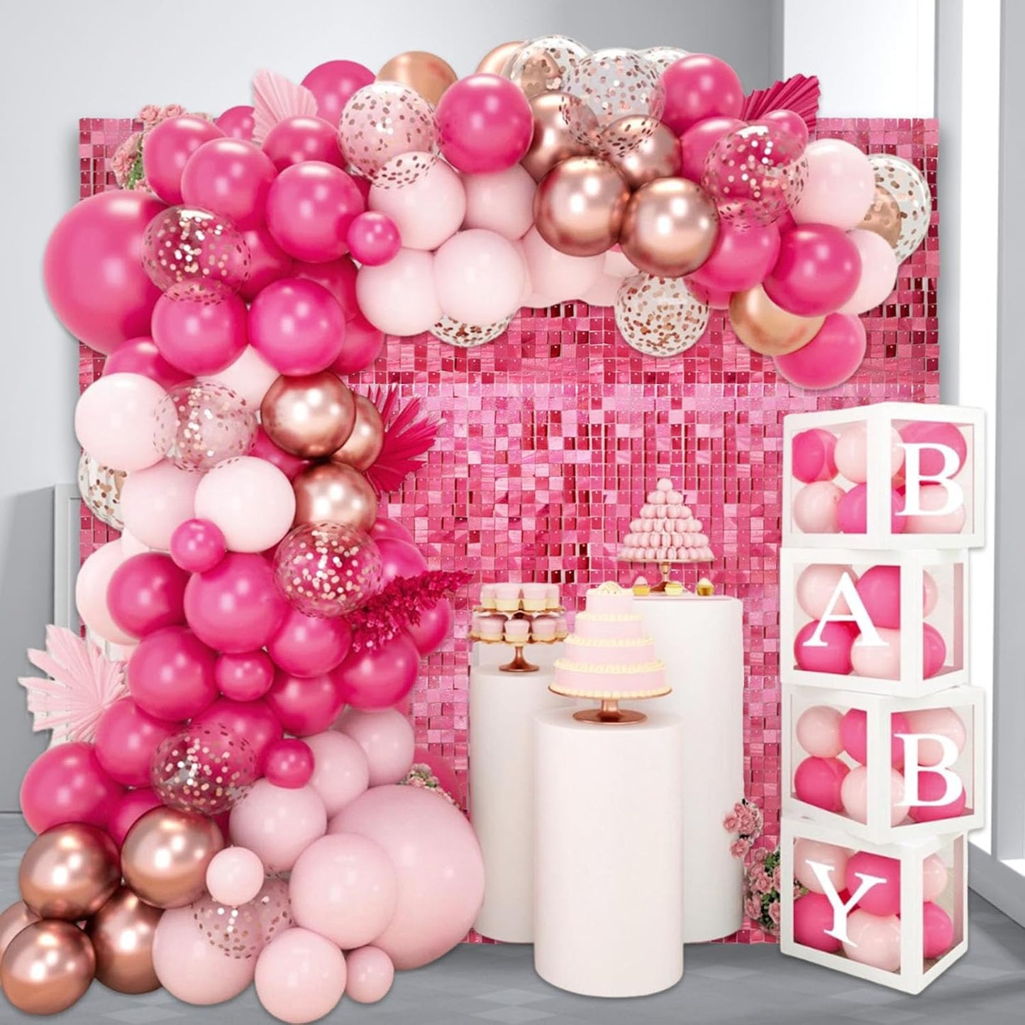 12PCS Deep Pink Shimmer Wall Backdrop, Laser Square Sequin Photo Backdrops Panel, Glitter Wall Background for Birthdays, Weddings, Christmas, Engagements, Disco Bachelorette Party Decor (3FTx4FT)