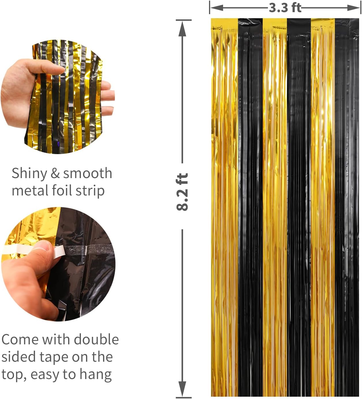 Crosize 2 Pack 3.3 x 9.9 ft Gold and Black Foil Fringe Curtains Party Decorations, Gold Tinsel Curtain Backdrop for Parties, Door Streamers, Glitter Streamer Fringe Backdrop for Birthday Decoration