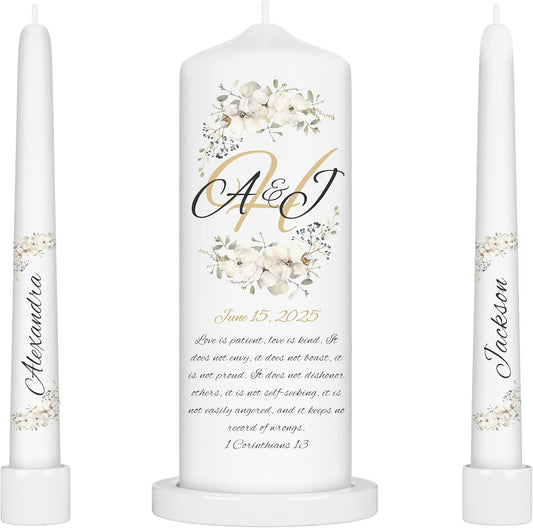 Unity Candles for Wedding, Modern Unity Set, Custom and Personalized Pillar and Taper Candles with Bible Quote, Unscented White Premium Wax, Religious and Wedding Ceremony, Special Events (Camellia)