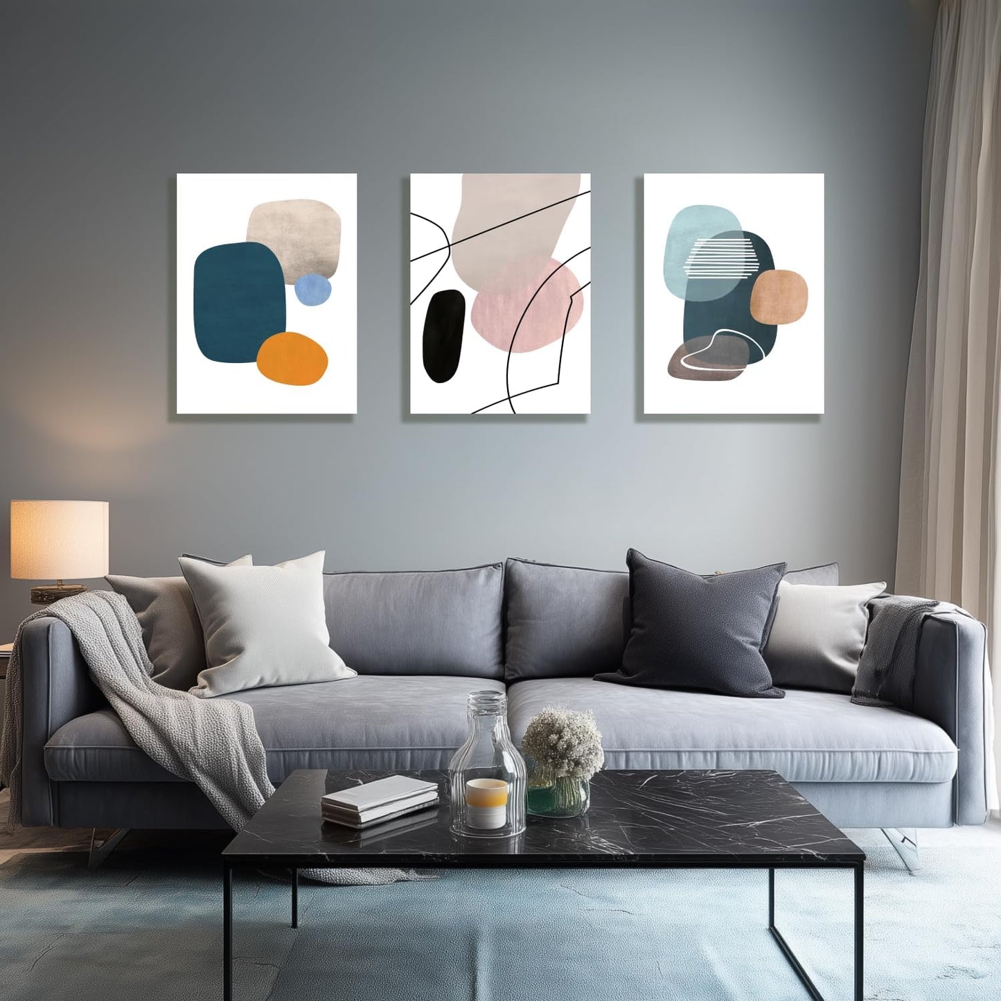 IAFWZX Framed Abstract Geometric Wall Art, Orange Blue Beige Color Block Wall Decor, Modern Minimalist Canvas Painting, Neutral Boho Colorful Geometric Aesthetic Picture for Living Room 16"x24"x3