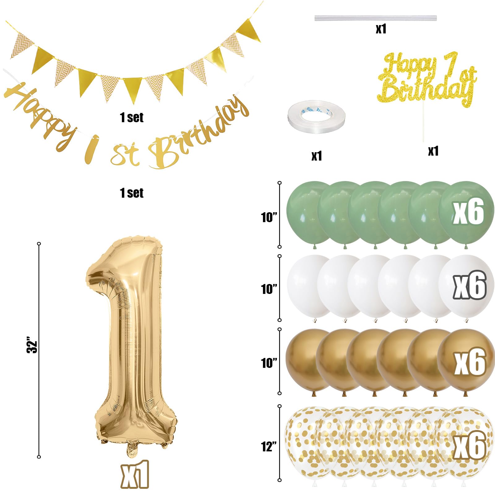 1st Birthday Decorations for Boys Girls, Sage Green White Gold Birthday Balloons with Happy 1st