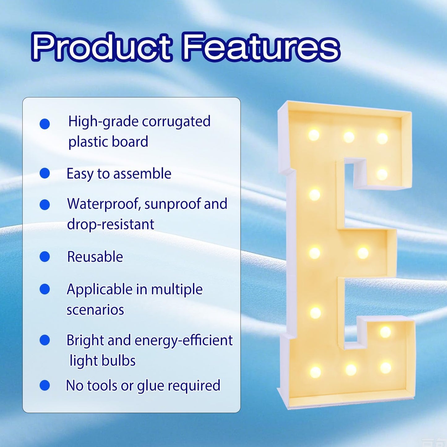 4FT Marquee Plastic Letters E - Light up Letters E Are Made from Corrugated Plastic Board - Quick Assembly Without Tools, Disassembled Components Can Be Used for Garage Sale Signs, Yard Sale Signs