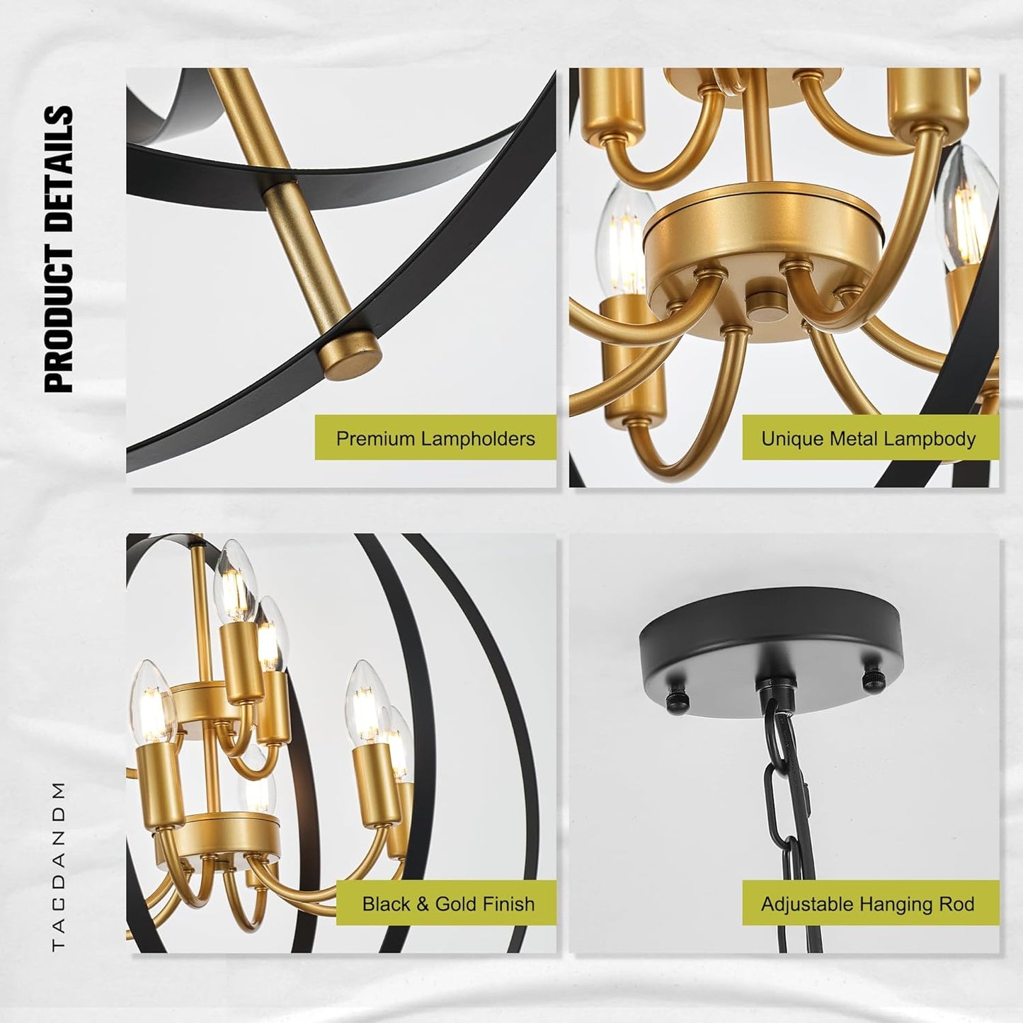 9-Light Globe Rustic Metal Chandelier, 23.6" Black Gold Adjustable Hanging Ceiling Pendant Light Fixture for Entryway Foyer Stairway Bedroom Dining Living Room Hallway