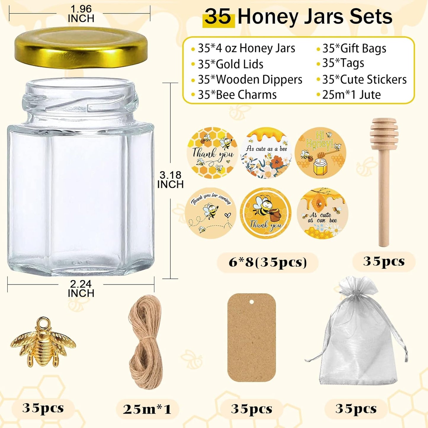 Aliggbent 35 Pack Small Honey Jars for Party Favors in Bulk, 4 oz Mini Hexagon Glass Honey Jars with Dippers, Lids, Cute Stickers, Bee Charms, Gift Bags & Jute for Baby Showers, Weddings, Birthdays
