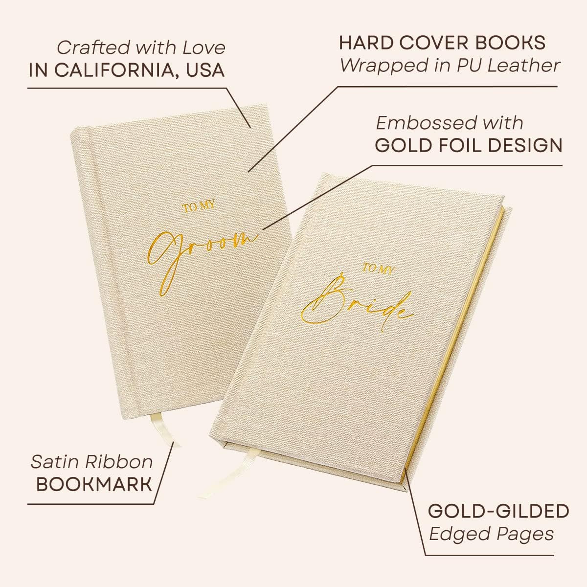 MUUJEE Hard Cover Vow Books (Set of 2) - Foil Embossed Wedding Ceremony Vow Renewal Speech Books, Couple Gifts for Engagement (To My Bride/Groom)