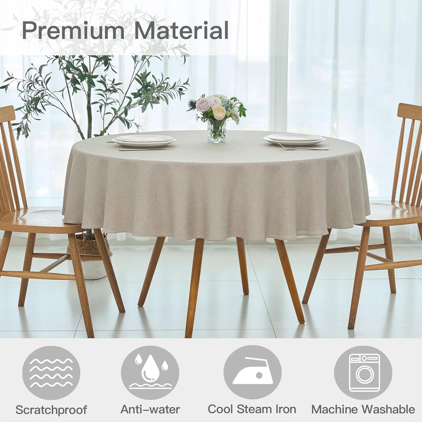 maxmill Round Linen Textured Tablecloth Spill-Proof Stainproof Wrinkle Free Washable Fabric Table Cloth for Circular Table Cover, Dining Room Buffet Banquet Parties Holiday Dinner, 70 Inch Linen